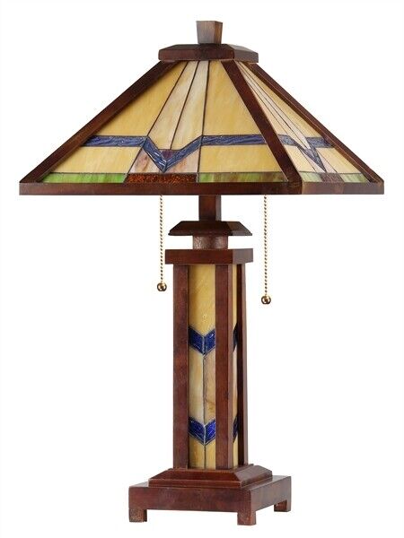 25.6 3 light Antique Vintage Style Stained Glass Wood Mission Table Lamp