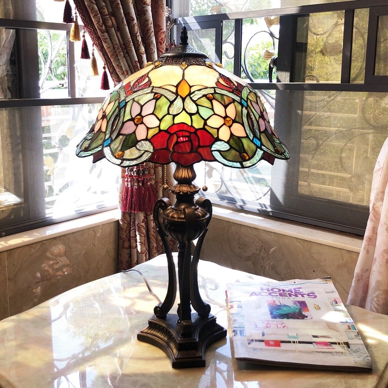 26" Antique Vintage Style Stained Glass Rose Floral Table Lamp