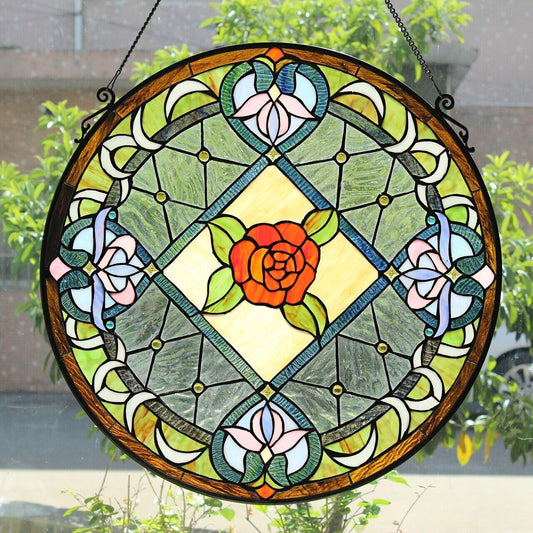 Antique Vintage Style 23" Round Stained Glass Window Hanging Panel Suncatcher