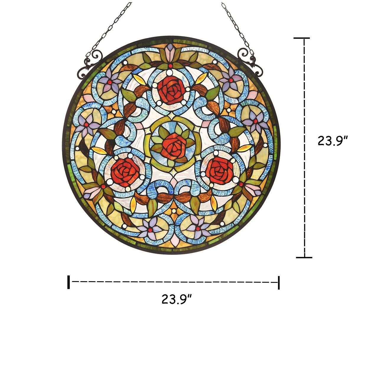 23.9" Round Floral Stained Glass Window Hanging Panel Suncatcher