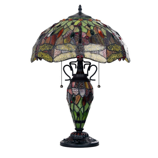 22.44" Antique Vintage Style Stained Glass Dragonfly Lighted Base Table Lamp