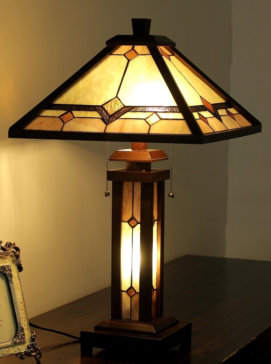 25.6" 3 light Antique Vintage Style Stained Glass Mission Table Lamp