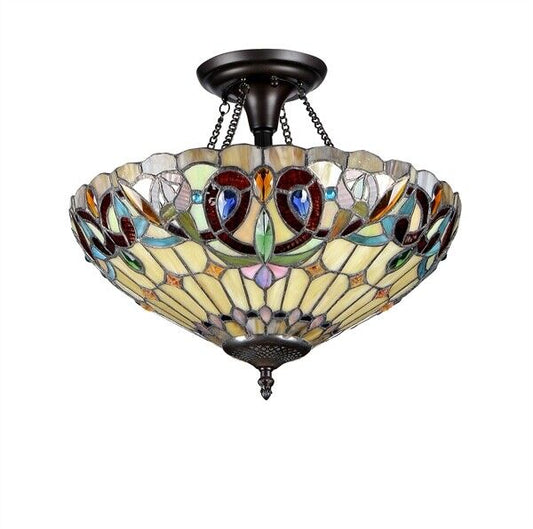 16" Antique Style Stained Glass Semi Flush Ceiling Uplight