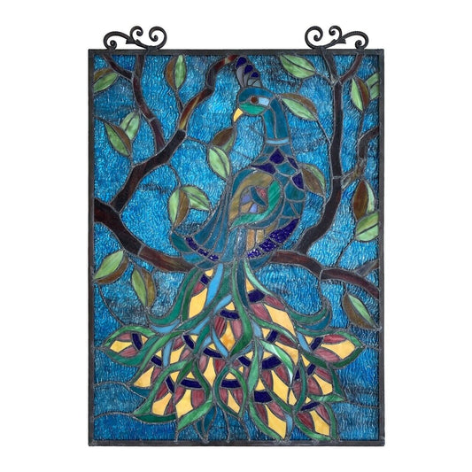 25.2" Antique Vintage Style Peacock Stained Glass Window Hanging Suncatcher