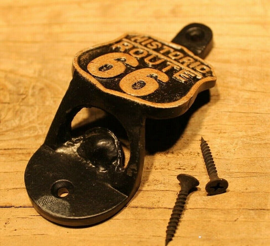Antique Vintage Style Cast Iron Wall Mount Route 66 Bottle Cap Opener