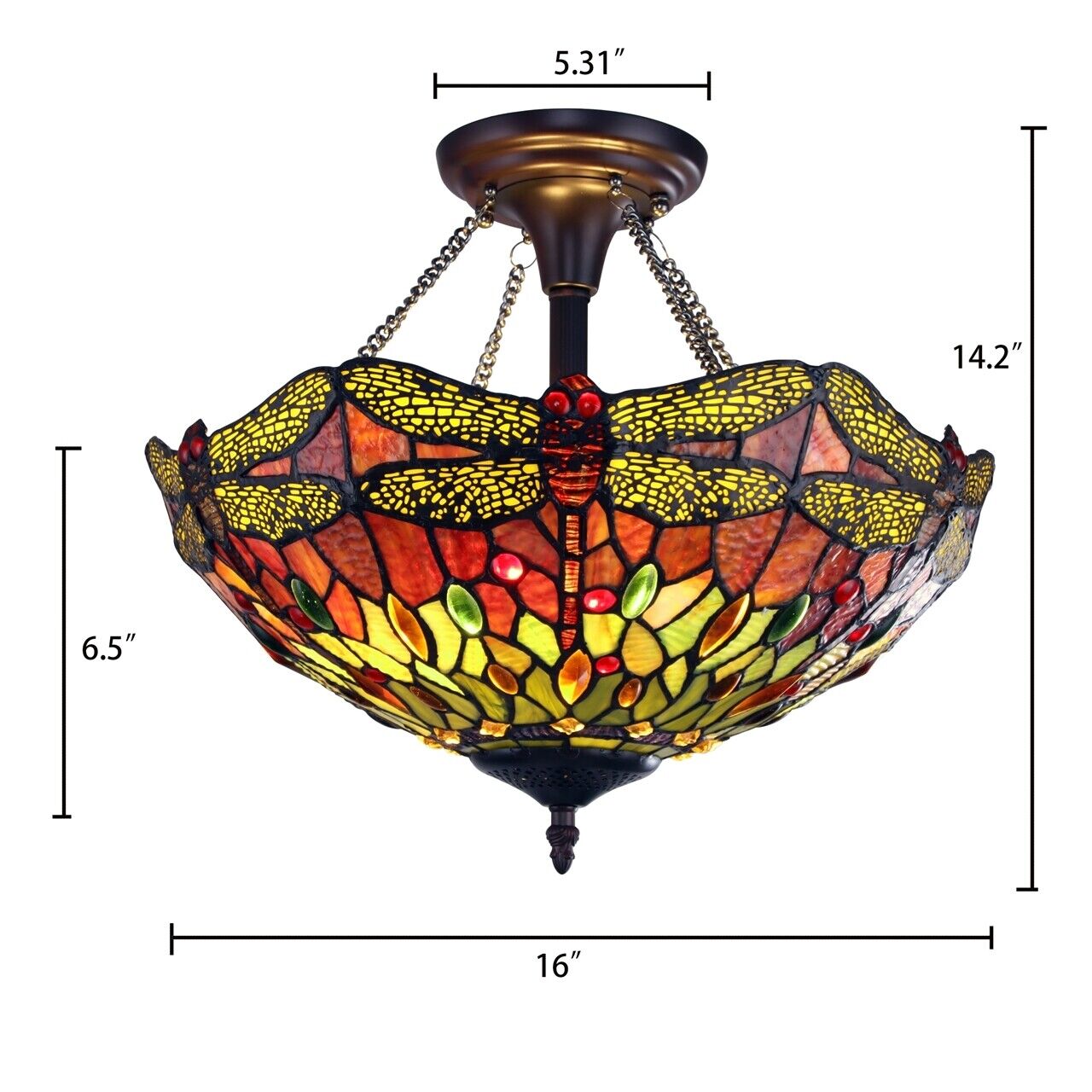 16" Dragonfly Stained Glass Semi Flush Ceiling Uplight