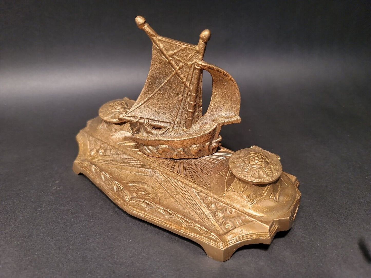 Vintage Antique Style Brass Sailboat Double inkwell Desk Set