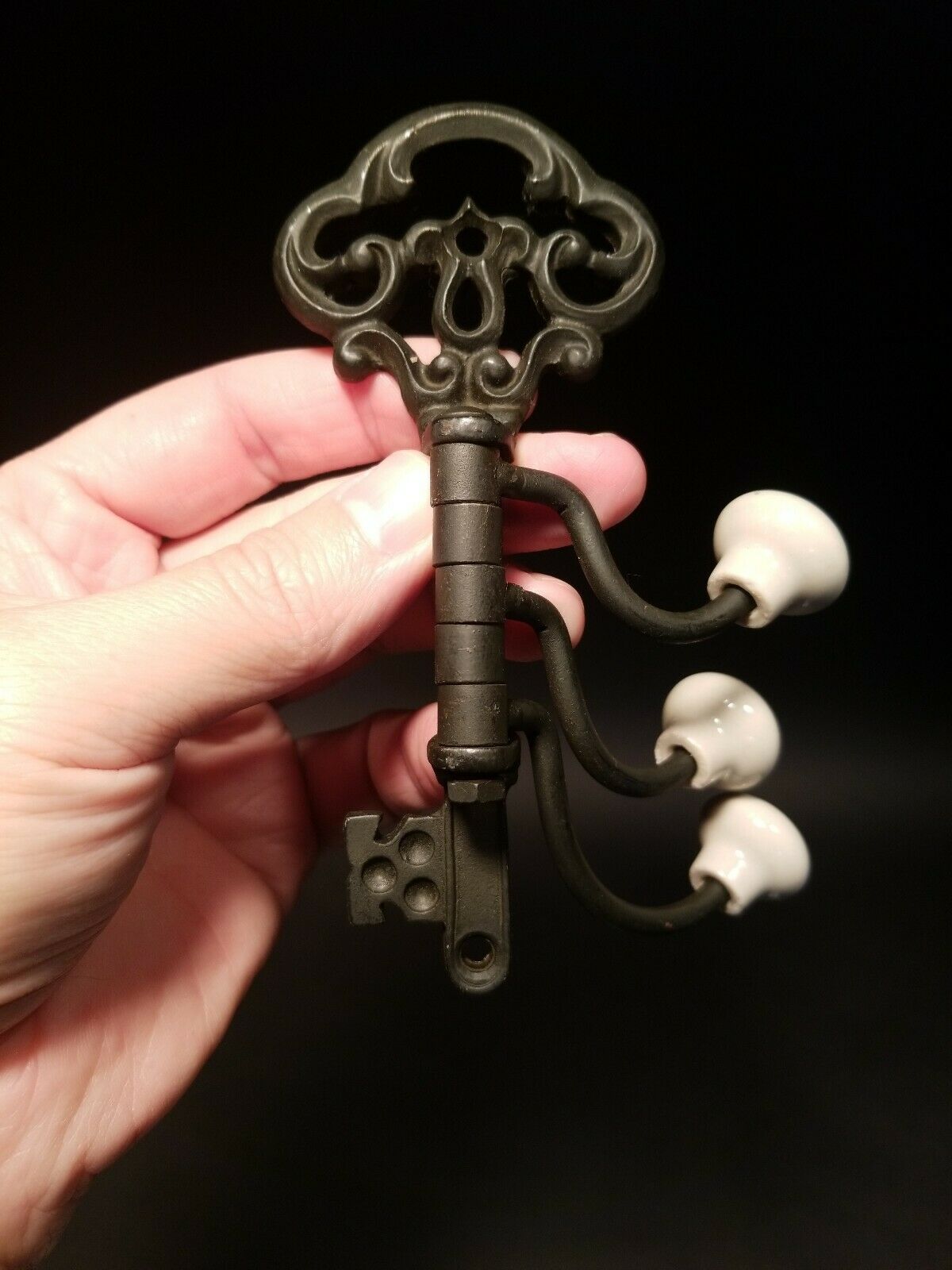 Antique Vintage Style Cast Iron Key Swivel Hook W Porcelain Knobs - Early Home Decor