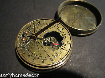 Antique Style Solid Brass Timekeeping Sundial with Top Pocket Compass Watch - Early Home Decor