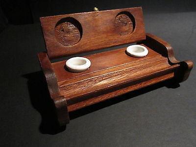 Antique Style Wood Writing Double Inkwell Box Ink Pot Porcelain - Early Home Decor
