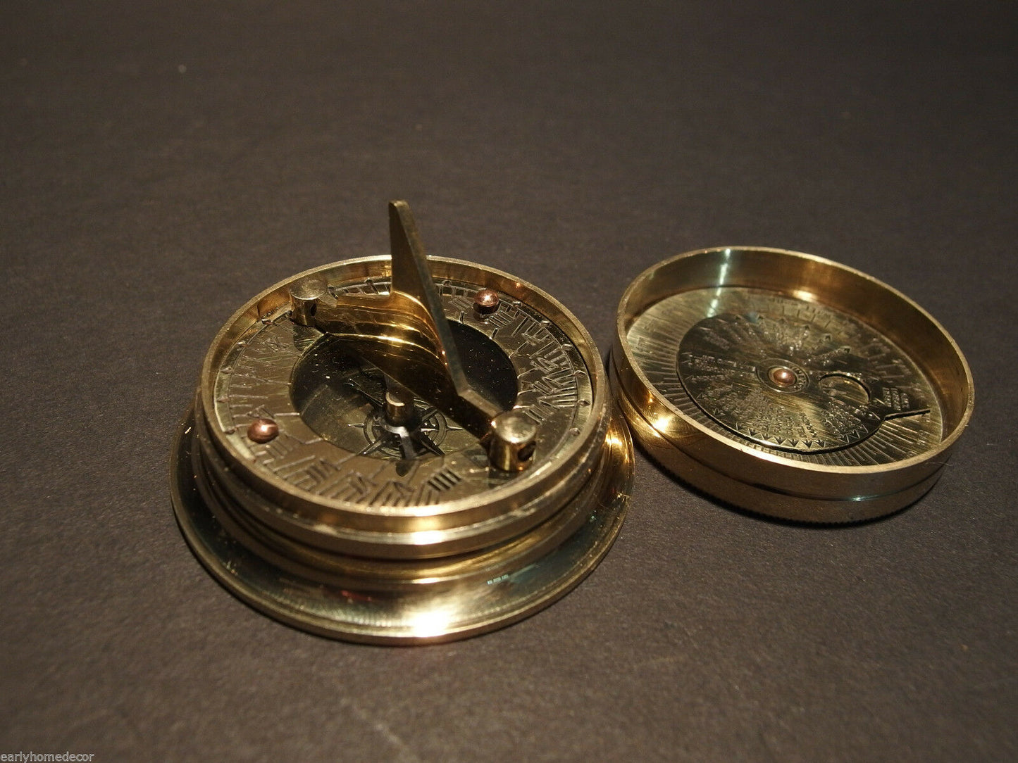 Antique Style Solid Brass Wing Sundial w Lid Pocket Watch Compass - Early Home Decor