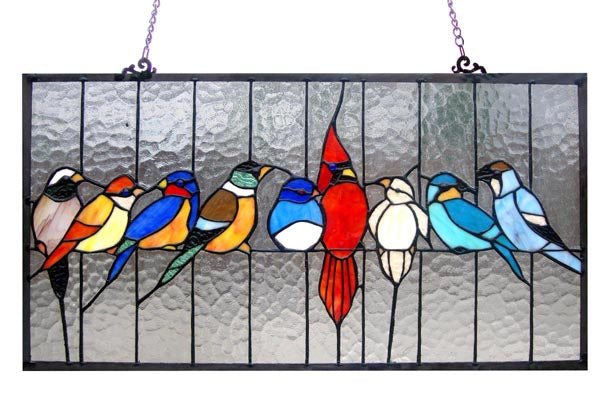 13" x 24.5" Colorful Songbirds Stained Glass Window Panel