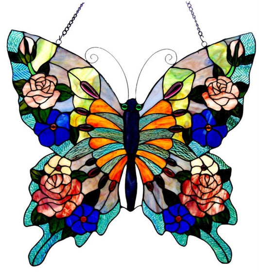 22.5" x 24" Floral Butterfly Stained Glass Window Panel