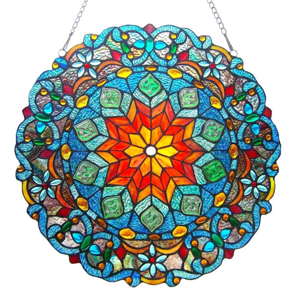 21" x 21" Geometric Medallion Stained Glass Window Panel
