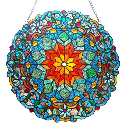 21" x 21" Geometric Medallion Stained Glass Window Panel