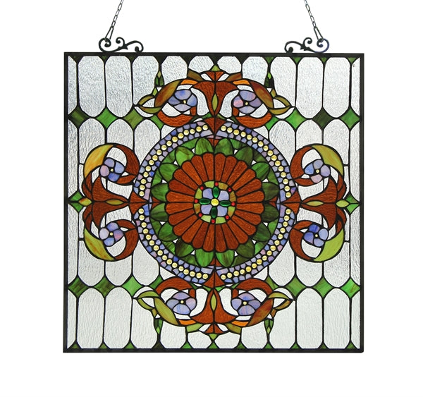 25" x 25" Victorian Floral Medallion Stained Glass Window Panel