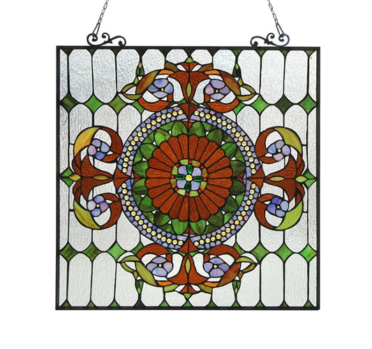 25" x 25" Victorian Floral Medallion Stained Glass Window Panel