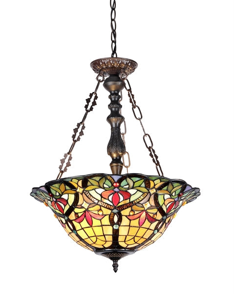 24.5" x 18" Victorian Floral Stained Glass 3-Light Inverted Pendant