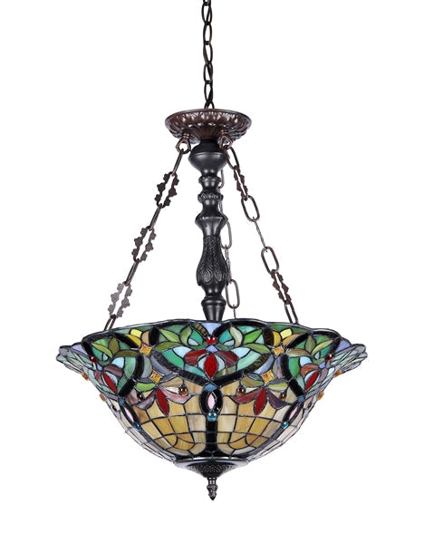 24.5" x 18" Victorian Floral Stained Glass 3-Light Inverted Pendant