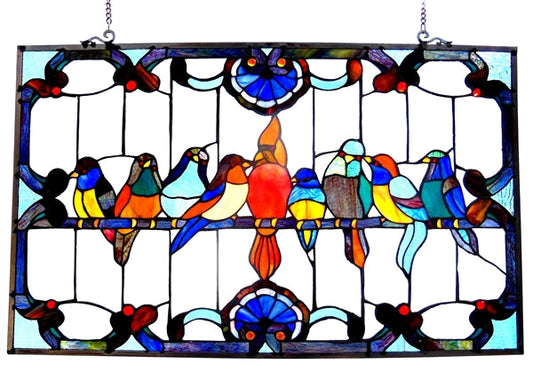 20" x 32" Colorful Birds Stained Glass Window Panel