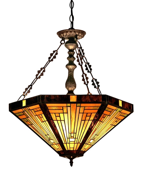 24.3" x 21.7" Mission-Style Stained Glass 3-Light Inverted Pendant