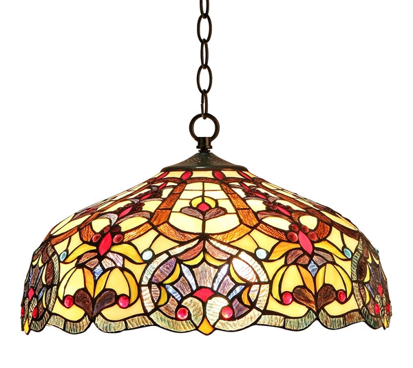 8.9" x 18" Victorian Floral Stained Glass 2-Light Ceiling Pendant – Ivory & Red