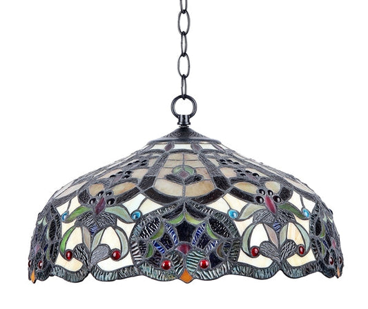 8.9" x 18" Victorian Floral Stained Glass 2-Light Ceiling Pendant – Ivory & Red