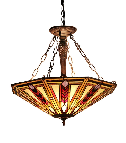 22.87" x 24.8" Mission-Style Geometric Stained Glass 3-Light Inverted Pendant