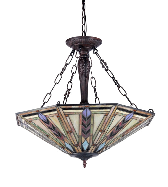 22.87" x 24.8" Mission-Style Geometric Stained Glass 3-Light Inverted Pendant