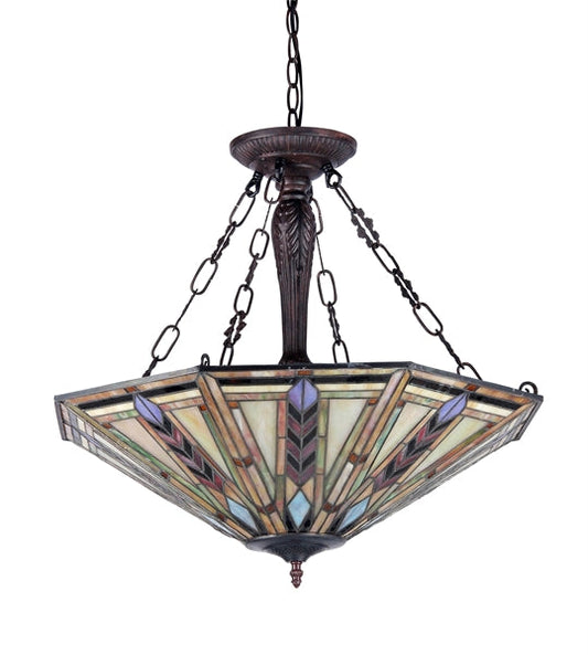 22.87" x 24.8" Mission-Style Geometric Stained Glass 3-Light Inverted Pendant