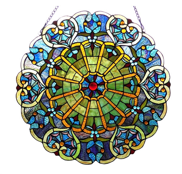 23" x 23" Victorian Round Stained Glass Window Panel