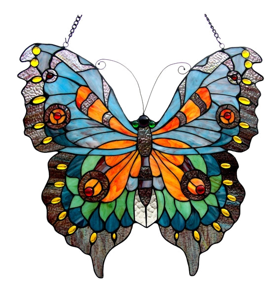 21" x 20" Butterfly Stained Glass Window Panel – Blue & Green