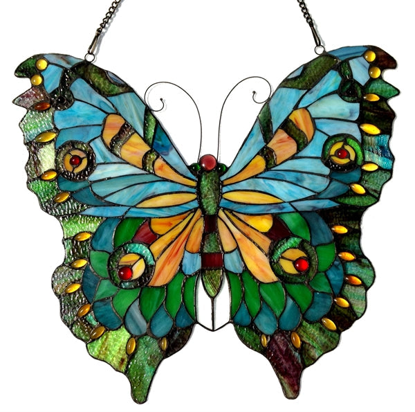 21" x 20" Butterfly Stained Glass Window Panel – Blue & Green