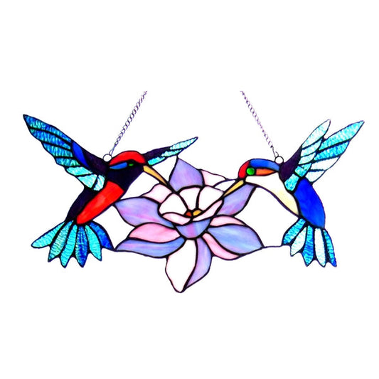 8" x 18" Hummingbird & Flower Stained Glass Window Panel