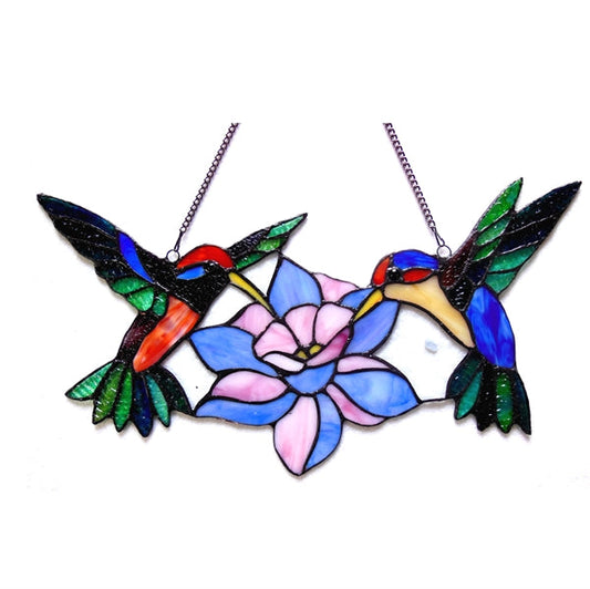8" x 18" Hummingbird & Flower Stained Glass Window Panel