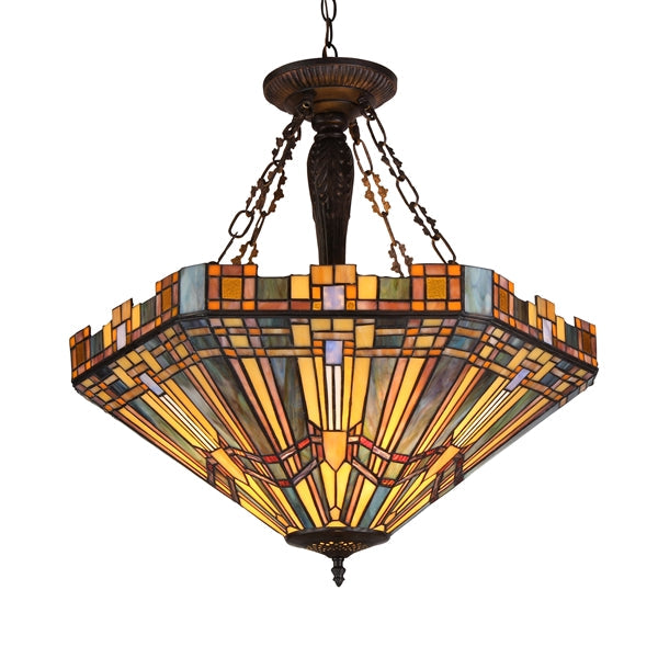 25.2" x 23.6" Mission-Style Geometric Stained Glass 3-Light Inverted Pendant