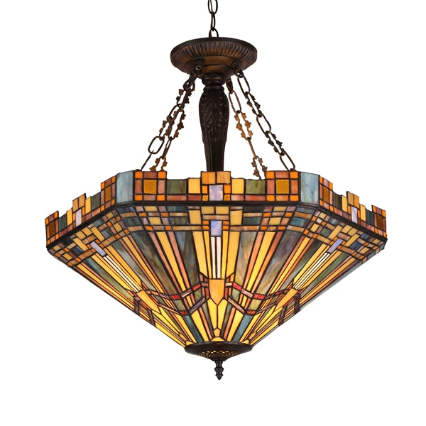 25.2" x 23.6" Mission-Style Geometric Stained Glass 3-Light Inverted Pendant