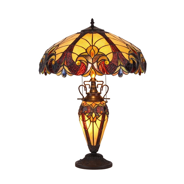 24.8" x 17.3" Victorian Double-Lit Stained Glass Table Lamp – Amber & Red