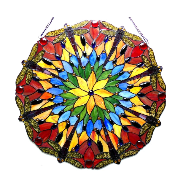 24" x 24" Dragonfly Floral Stained Glass Window Panel