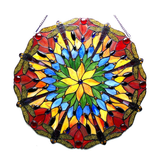 24" x 24" Dragonfly Floral Stained Glass Window Panel