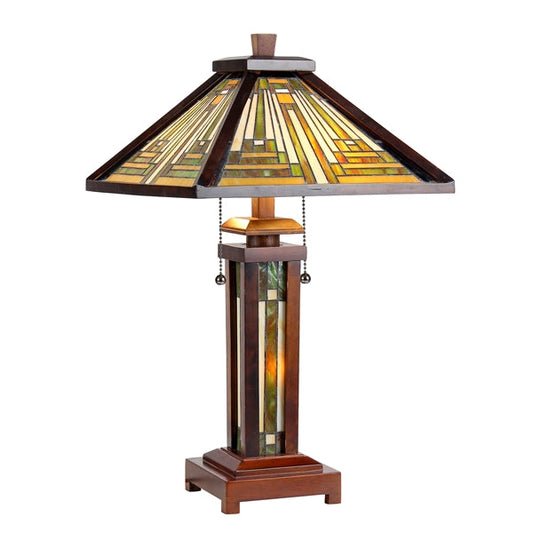25.6" x 15" Mission-Style Wood Double-Lit Stained Glass Table Lamp
