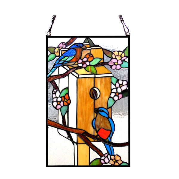 19" x 12" Birdhouse & Songbirds Stained Glass Window Panel