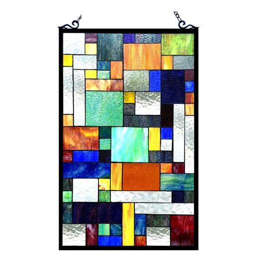 32" x 20" Art Deco Geometric Stained Glass Window Panel