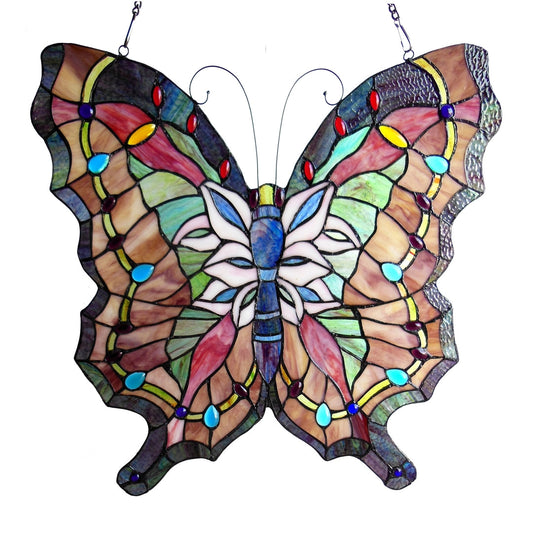 22.25" x 22.25" Butterfly Stained Glass Window Panel