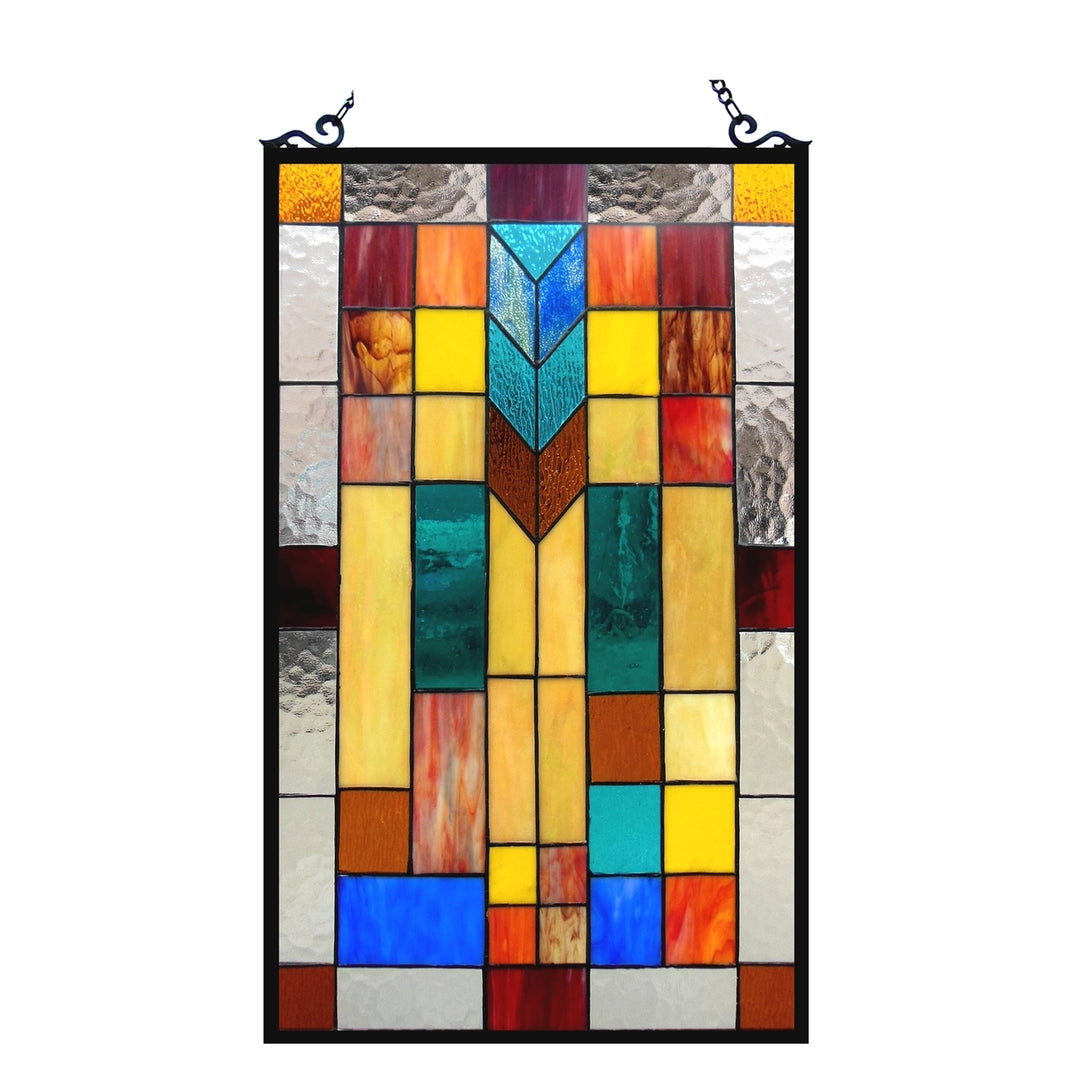 Mission-Style Geometric Stained Glass Window Panel – 16 x 26 in.