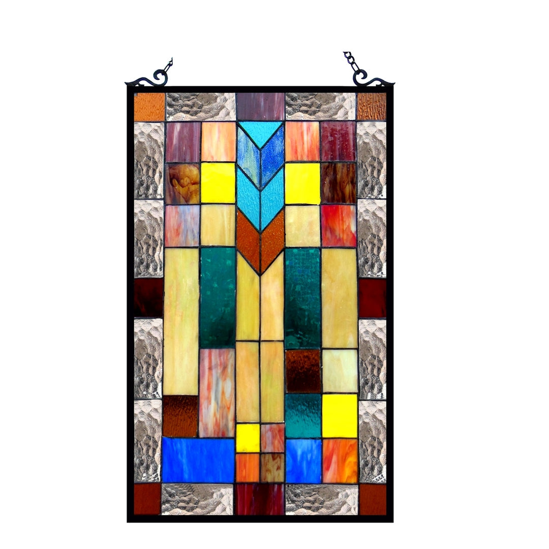 Mission-Style Geometric Stained Glass Window Panel – 16 x 26 in.