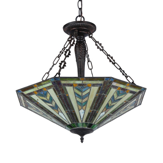 23.15" x 24.6" Mission-Style Geometric Stained Glass 3-Light Inverted Pendant