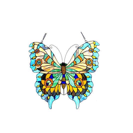 21" x 20" Butterfly Stained Glass Window Panel – Antique Brass