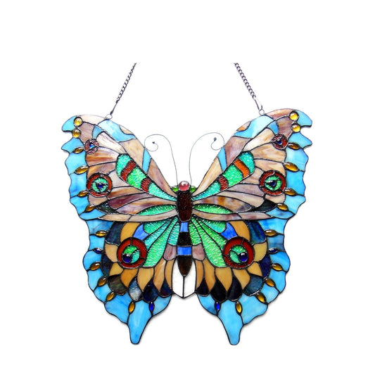 21" x 20" Butterfly Stained Glass Window Panel – Antique Brass