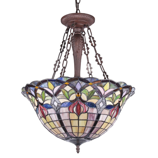23.3" x 19.9" Victorian Floral Stained Glass 3-Light Inverted Pendant